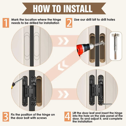 Installation guide for Hidden Door Hinges 6 Inch Black Invisible Door Hinge With 3 Way Adjustable Butt Hinge And 180 Degree Swing.