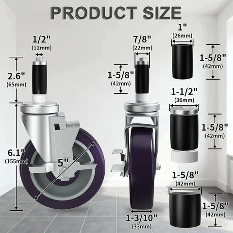 5 Inch Expanding Stem Caster Set Of 4 With Brakes For Table Legs, Adjustable Mounting Height Up To 6.1 Inches, product size display