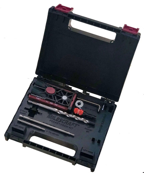 Twin Pocket Hole Jig Kit System 200 for Quick Woodworking Fixes with drill guides and scales in an open black case