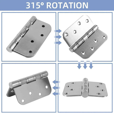 Heavy Duty Stainless Steel Door Hinges Set 6 Pack, 4 By 4 Inch Brushed Nickel Ball Bearing Hinges with non-removable pin, showing 315° rotation.