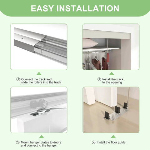 Easy installation steps for 5 Foot 60 Inch Bypass Door Hardware Kit With Aluminum Double Closing Sliding Closet Doors, Silver Finish