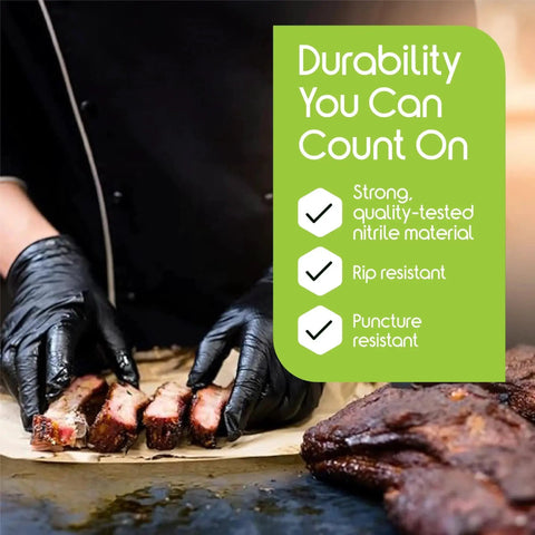 Black Nitrile Disposable Gloves Large Box Of 100 Powder Free Medical Safety used for slicing ribs in a kitchen setting