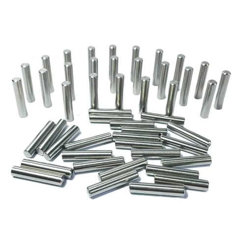 5mm x 25mm Metal Dowel Pins 50 Pack For Wood Furniture And Shelves, M5 Shelf Pegs, Alloy Steel Dowels scattered on surface