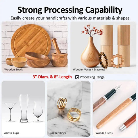 Image showing various wood and acrylic items like bowls, vases, pens, and rings that can be made using Compact Mini Wood Lathe For DIY Projects With Infinitely Variable Speed 24VDC 96W Benchtop Lathe Includes Wood Turning Tools Kit Low Noise Under 65dB Ideal For Small Shops ArtyMaster WM101A-Plus.