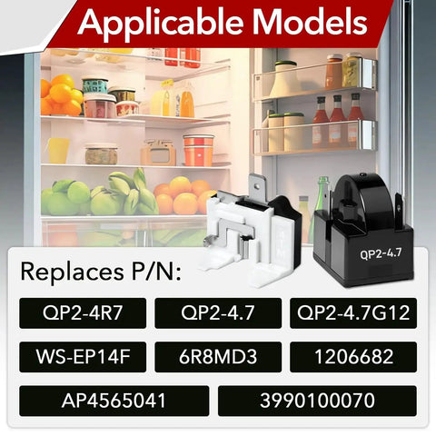 Six Pack Universal Refrigerator Start Relay And Overload Protector Kit with part numbers against open fridge