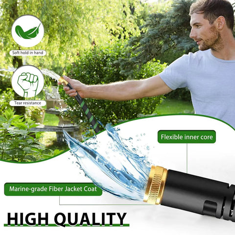 Amazon HIGH QUA Non-Expanding Garden Hose, green fabric hybrid hose with brass connectors and jet nozzle, 100 ft
