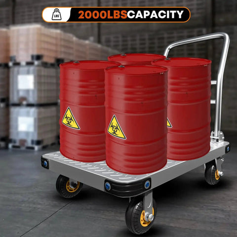 Heavy Duty Platform Truck And Flat Moving Cart With 2000 Lbs Capacity Steel Push Cart Dolly 36 By 24 Inch holding red barrels