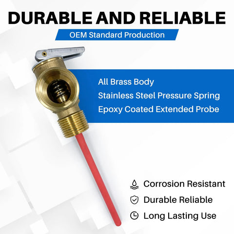 Brass 3/4 in NPT temperature/pressure relief valve with extended probe and lever.