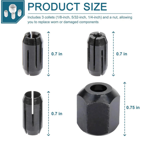 Replacement Collet And Nut Kit For RotoZip Spiral Saw Tools And Drywall Routers with three collets and nut dimensions.