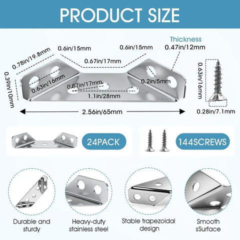 Diagram showing product size and features of 24 Pack Premium Stainless Steel Corner Brackets For Wood Furniture with 144 screws.