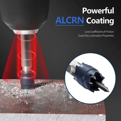 Spot Weld Cutter Set 34 Piece Double Sided Three Eighth Inch HSS Sheet Metal Hole Cutter Auto Body Tools Punch Remover Panel Separator Pro Grade AlCRN Coated For Low Friction And Heat Reduction in use demonstrating ALCRN coating.