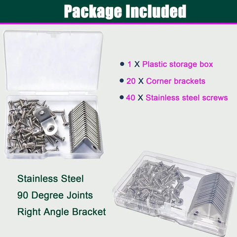 Package of 20 Pcs Stainless Steel Corner Braces 25mm By 25mm L Shaped Right Angle Brackets For Wood Furniture With Screws Included.
