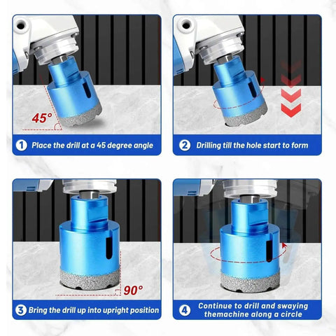 Diamond Hole Saw Kit For Tile 12 Piece Set with drilling process shown, 45-degree start, vertical position for clean holes.