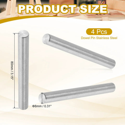 Image showing product dimensions and visual details of Eight Mm By Eighty Mm Dowel Pin Set Of Four In 304 Stainless Steel Silver, 4 pcs.