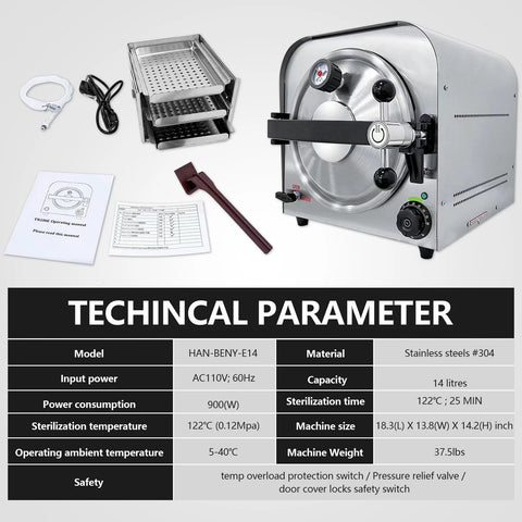 HANBENYTEX 14L lab autoclave sterilizer, stainless steel, compact high-pressure steam unit with 3 trays by Amazon.