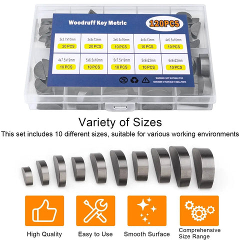 Woodruff Key Assortment Kit, 120 Pieces, 10 Popular Half Moon Key Sizes, carbon steel in plastic box, for flywheel applications
