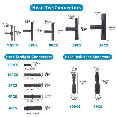 Hose connectors diagram from Multi Size Automotive Silicone Vacuum Tubing Kit With Six Five Foot Tubes And One Hundred Fifteen Nylon Vacuum Connectors Blue For Easy Engine Bay Air And Water Routing Includes Sizes From One Eighth Inch To Three Eighths Inch