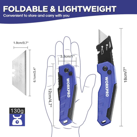 Folding Utility Knife With Quick Change Blades Aluminum Handle Box Cutter in blue, shown opened and folded with measurements.