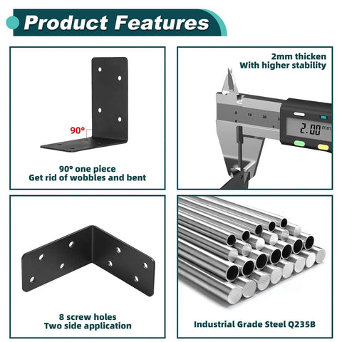 Heavy Duty 4x4x2 L Brackets 2mm Steel Black Powder Coated 90 Degree for Wood shown with caliper measurement and materials