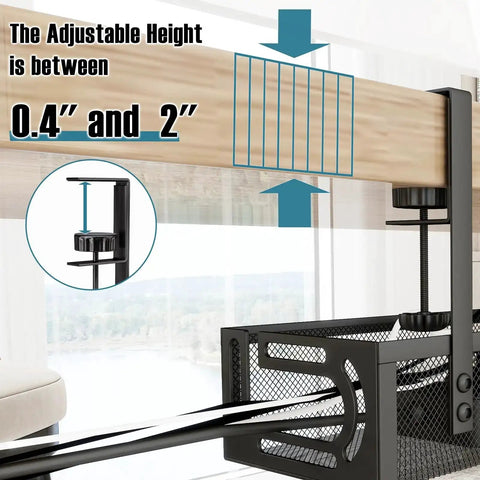 Side view of No Drill Under Desk Cable Tray with Clamp Mount Fifteen Point Seven Inch Cord Organizer for Table, showing adjustable height between 0.4" and 2".