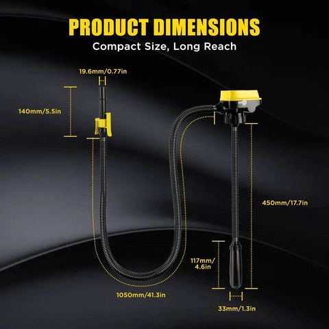 Cordless Fuel Transfer Pump With Flexible Hose, Battery Powered For DeWalt 20V And Milwaukee 18V Tools, showing dimensions.