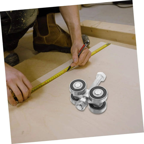 Stainless Steel Double Bearing Sliding Door Caster Wheel Kit For Ultra Smooth Rolling on a wooden surface with measuring tape