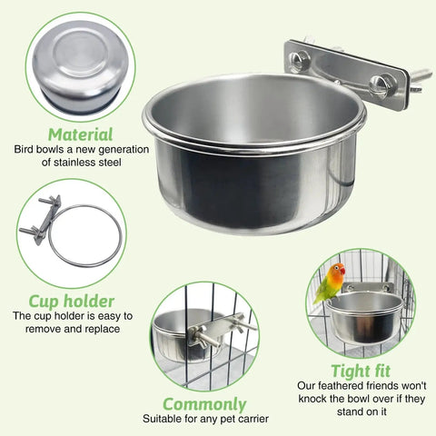 Stainless Steel Bird Bowls With Clamp for Cage Birds Tfwadmx 4 Pack Durable Rustproof Coop Cup Water Dishes for Cockatiels Lovebirds Budgies and Chinchillas, showing bowl and clamp features