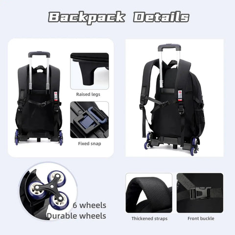 Back view of boys rolling backpack with wheels for school, highlighting six durable wheels, thickened straps, and front buckle.
