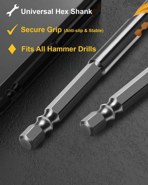 Beefed Up Heavy Duty Masonry Drill Bit Set With Six Inch Bits And YG10X Carbide Tips showing hex shank design on concrete surface.