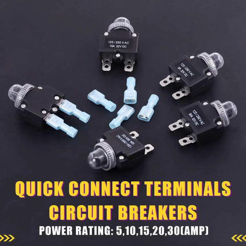 Thermal Circuit Breaker Kit With Quick Connect Terminals And Waterproof Button Caps 30Pcs 5 Sizes From 5Amp To 30Amp layout.