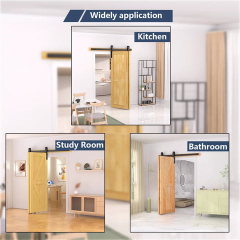 48 Inch Bifold Barn Door Hardware Kit For Two Doors In Black Finish With Corrosion Resistant Carbon Steel Construction Folding Push Pull System Anti Skipping Design Thickened Rails And Pulleys Space Saving Track Kit For Home Garage Or Studio shown installed in kitchen, study, and bathroom settings.