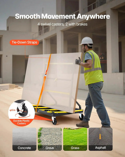 Worker using Drywall Cart Dolly With 1800 Lb Load Capacity And Expandable Deck on construction site, showing tie-down straps and swivel casters