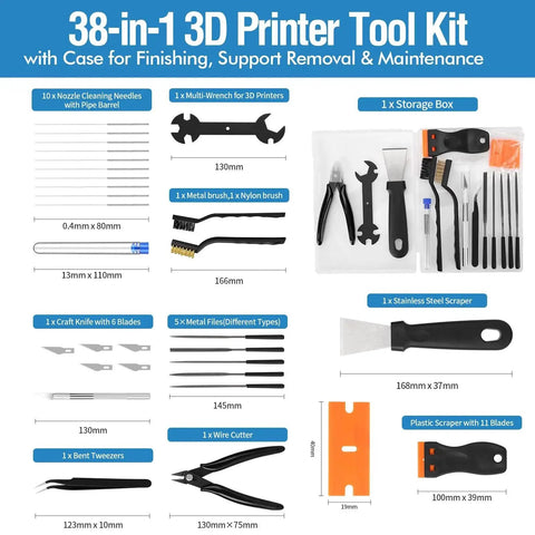 38 Piece 3D Printer Tools Kit With Nozzle Cleaning Needles Scrapers Files Wire Cutter Craft Knife Wrench And Tweezers