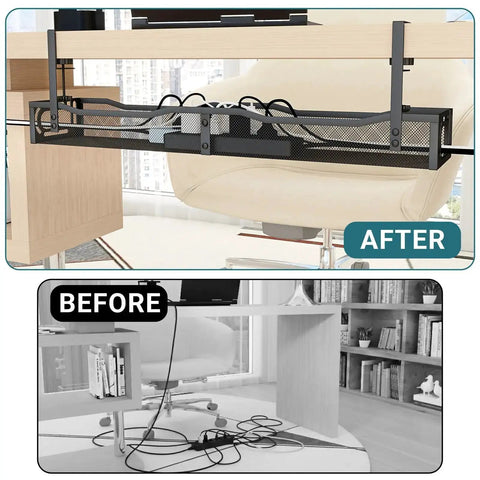 Before and after using Under Desk Cable Management Tray With Clamp No Drill Installation 25.3 Inch Large Capacity