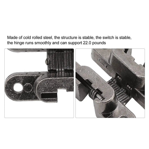 Close-up of 3 pack 43mm invisible hinges for cabinets, zinc alloy, black plated, showing smooth and sturdy construction details.