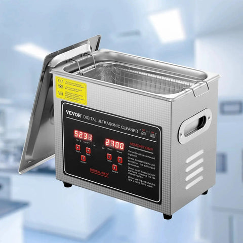 VEVOR ultrasonic cleaning machine with digital timer and heater, 3L stainless steel unit, front view with lid open