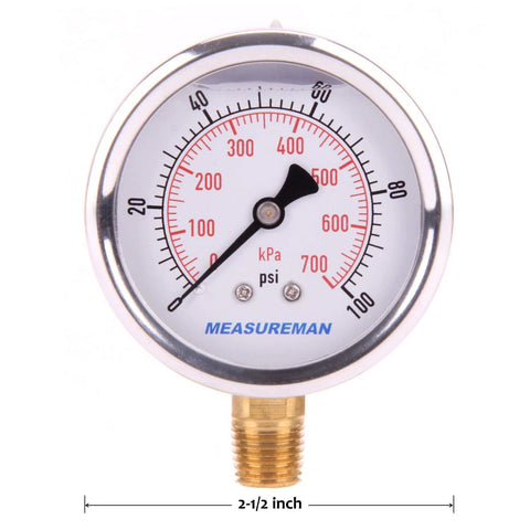 MEASUREMAN glycerin-filled pressure gauge, 2-1/2 inch dial, 1/4 NPT, stainless steel case, 0-100 psi, lower mount.
