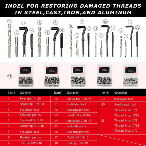 Thread Repair Kit 338Pcs SAE And Metric HSS Drill Inserts For Damaged Threads components and item list