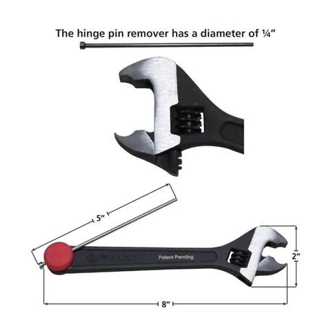 Front and side view of Knuckle Bender With Built-In Hinge Pin Remover, adjustable door hinge tool, 1/4" pin diameter shown.