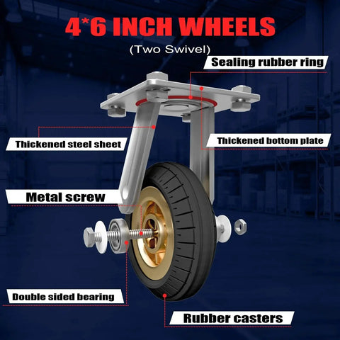 Heavy-duty swivel caster with rubber wheel labeled components for 2IN1 48x24 Platform Truck Cart 2650lbs Heavy Duty Flatbed Dolly.