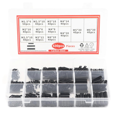 Beefy 530 Piece Roll Pin Set With Slotted Spring Pins In M1.5, M2, M2.5, M3, M4, M5, And M6 Steel Dowel Pins in a plastic case.