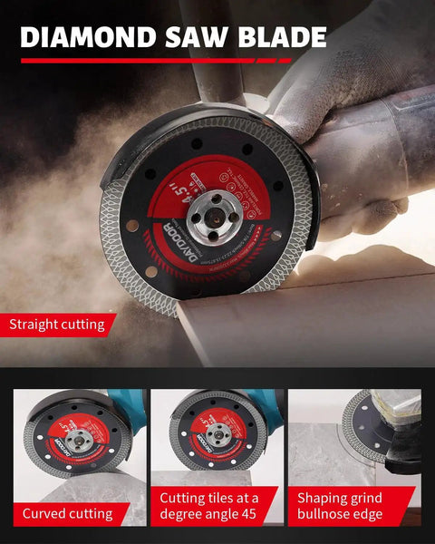 Diamond Hole Saw Kit For Tile And Stone, 15 Piece Vacuum Brazed Core Drill Bit Set cutting through tile with a blade