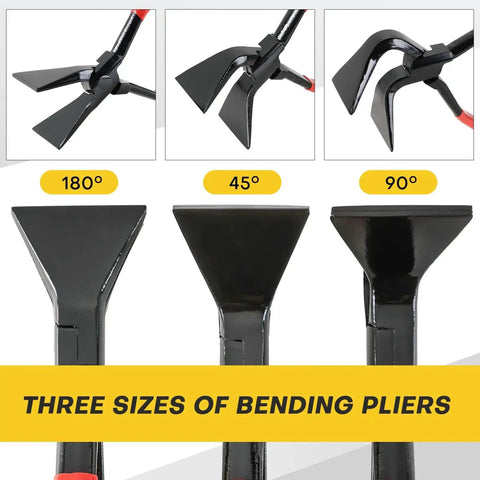 Close-up of 3 Piece Sheet Metal Bending Pliers Set For Roofers And Plumbers with 180, 45, and 90 degree hand seamers.