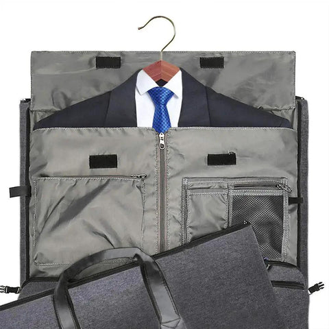 Interior of 2 In 1 Convertible Garment Bag And Duffel For Travel With Shoulder Strap, showing hanger and suit setup.