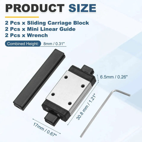Two Pack MGN7H Linear Bearing Carriage Blocks With Mini Guide And Wrench For 7mm Linear Motion Slide Rails product size display