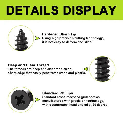620 Pcs M3 Wood Screws Kit With Phillips Flat Head Four Size Assortment 6 8 10 12 mm Heavy Duty Black AntiCorrosion Coated details view