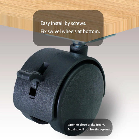 2 Inch Swivel Plate Caster Wheels Set Of 4 With Locks And Stainless Screws 50mm Wheel Diameter, installed under wooden furniture.