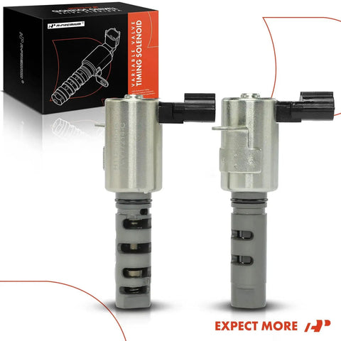 Left And Right Engine Variable Valve Timing VVT Solenoid 2 Piece Set For Toyota Camry Highlander Sienna Avalon Solara RX300 RX400h 3.0L 3.3L Replacement 15330-0A010 15340-0A010, showing two metal solenoids with black connectors on a white background