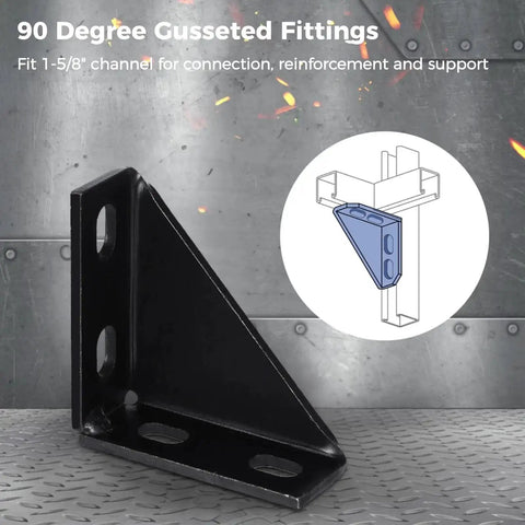 Eight Pack 90 Degree Gusseted Fittings For Unistrut Channel Carbon Steel Right Angle Brackets shown on steel background
