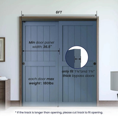 Ceiling Mount Bypass Sliding Door Hardware Kit For Cabinets And Closets, Double Pocket Doors With Finger Pull, installed view.